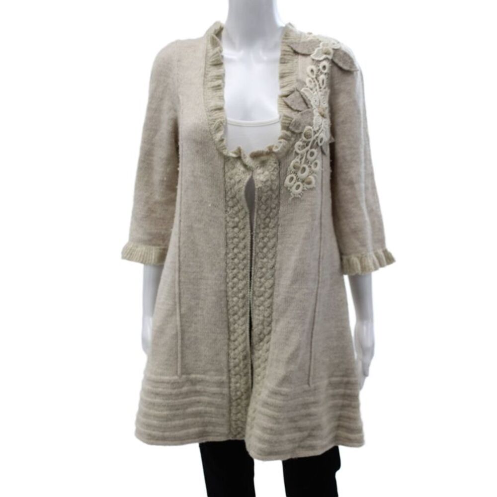 HWR Anthropologie Women Cardigan Beige Wool Roundneck 3/4 Sleeve Boho Size L
